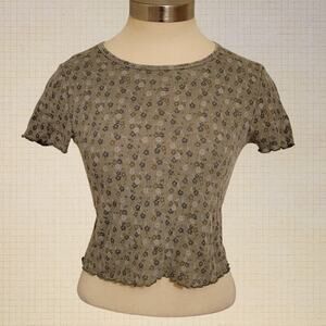 American Eagle Green Floral Ribbed Baby Tee Lettuce Hem Stretch Small